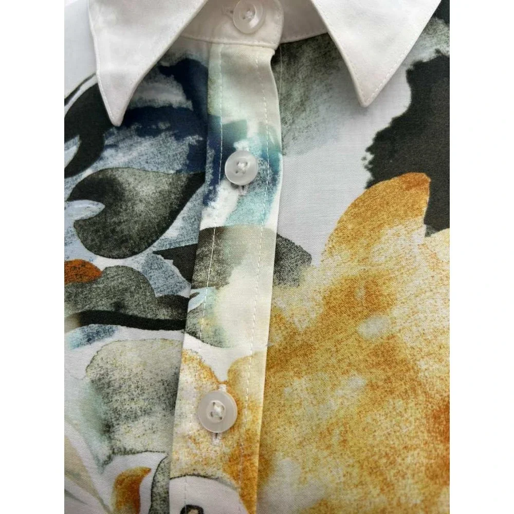 Chico's Size 3 US 16 White Watercolor Floral Button Down Shirt Artsy Boho Top